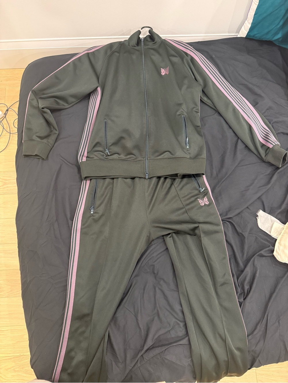 Needles Olive Green Bomber Track Jacket & Pants with Pink Stripes